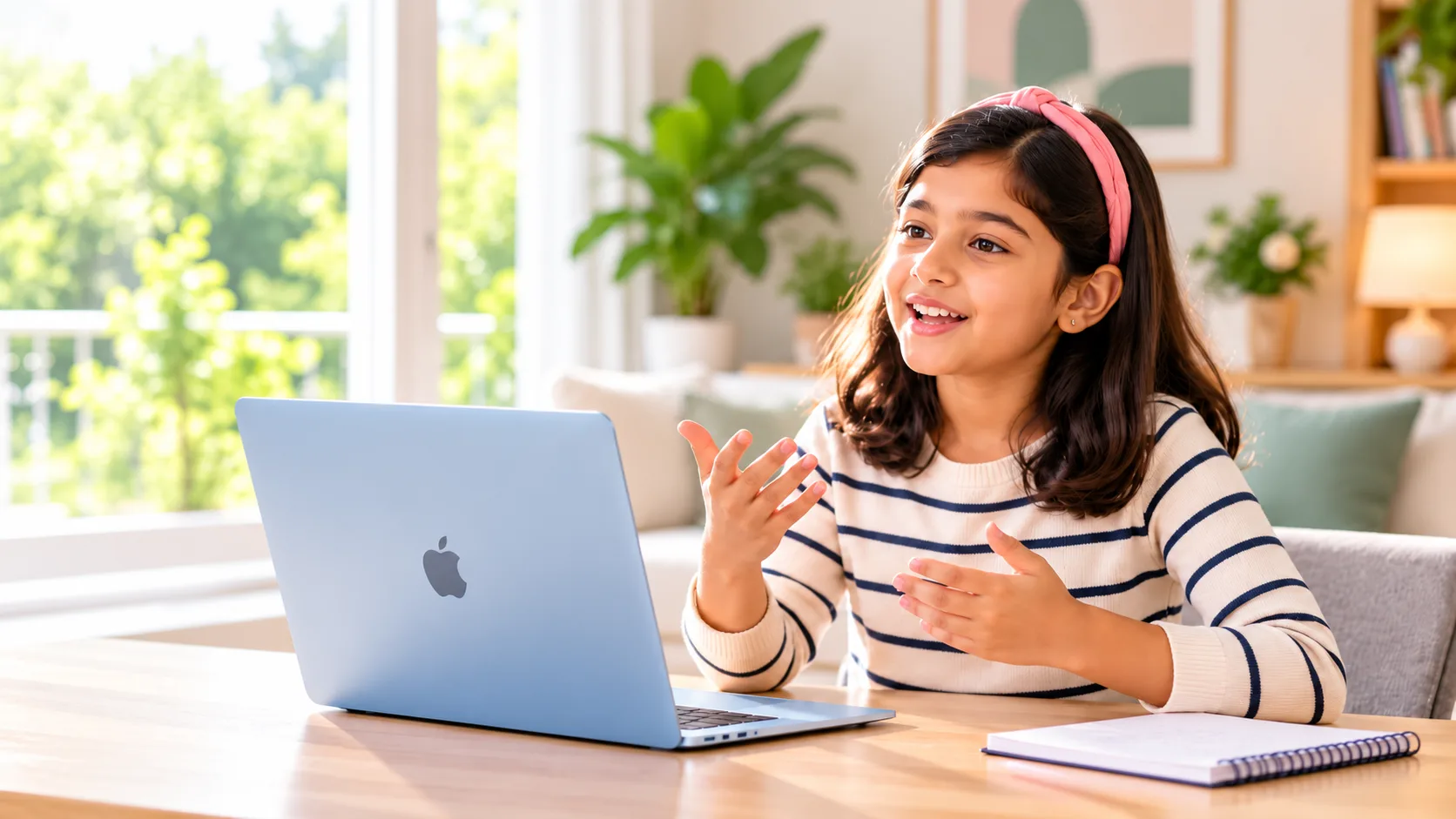 Child practising public speaking online at home